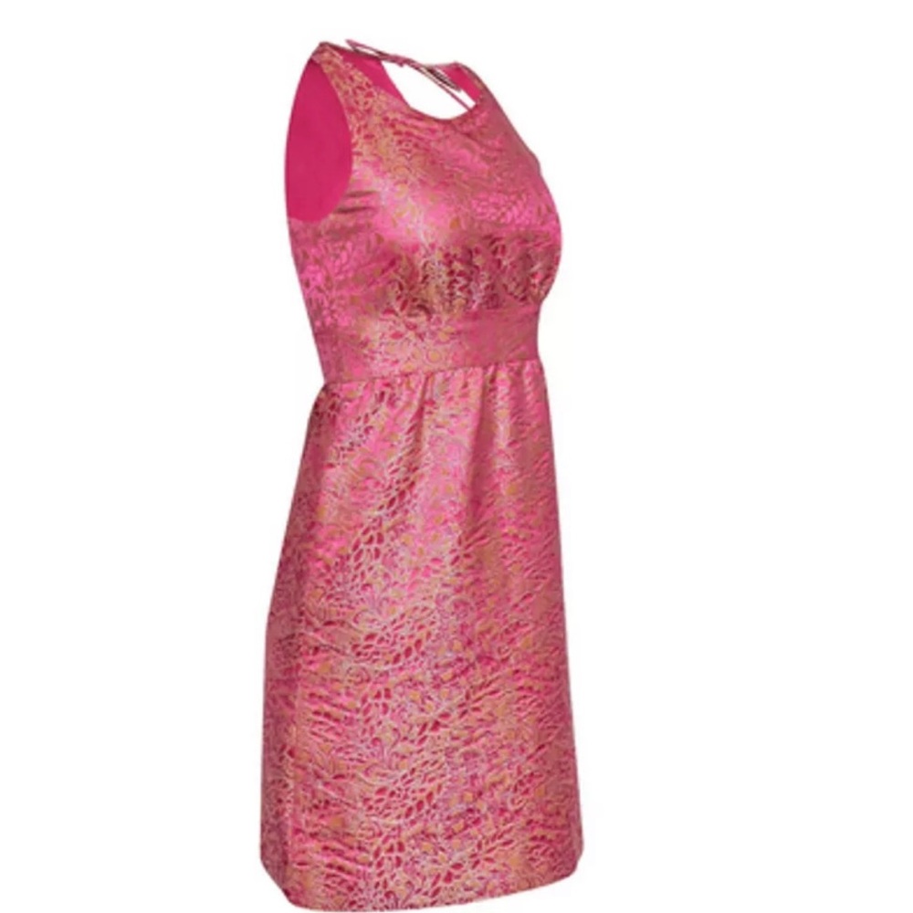 J Crew Pink and Gold with Silver Metallic Jacquard Open Back Dress size 6